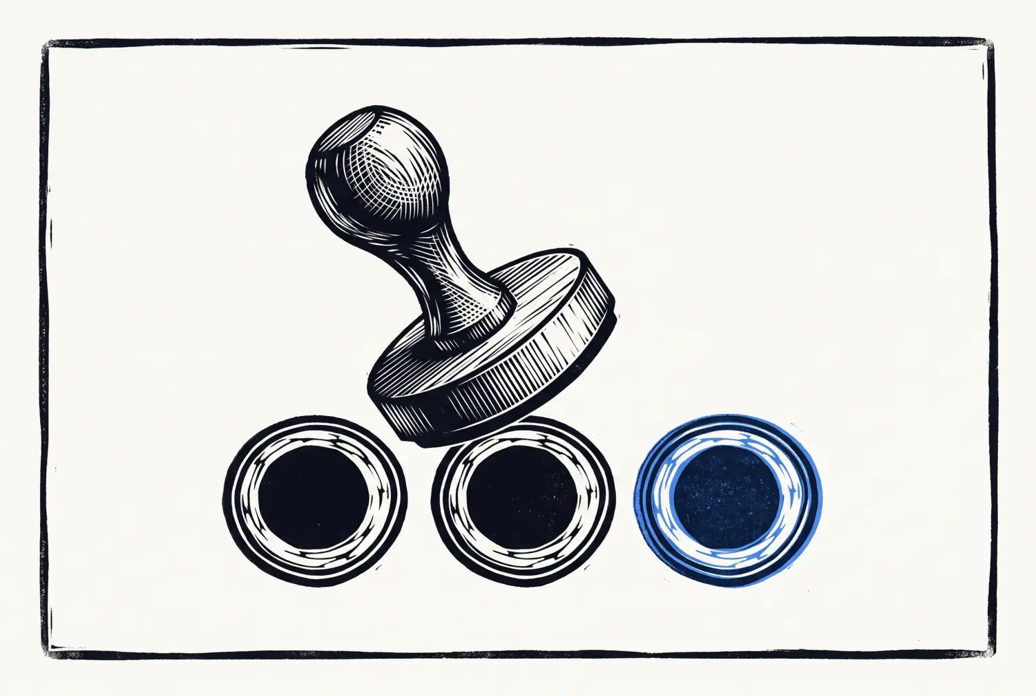 Linocut of a rubber stamp over 3 matching prints, the last one in blue, the way a brand voice prompt keeps every piece of writing in the same voice.