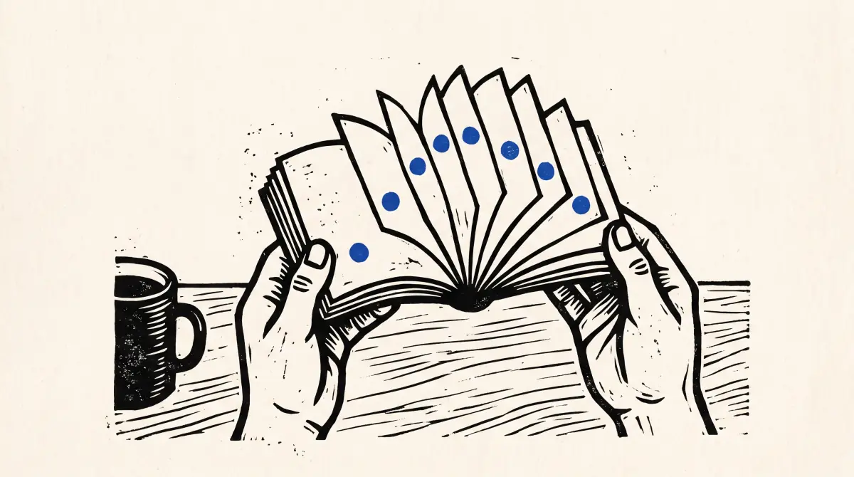 Claude motion graphics prompt shown as a linocut flipbook, a blue dot jumping from page to page like frames of an animation.