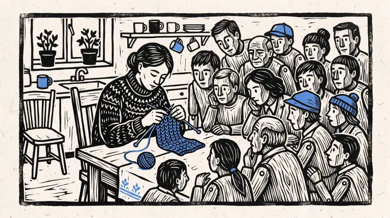 Linocut of a woman showing a crowd how to knit, the kind of everyday skill an AI business idea prompt turns into a business.