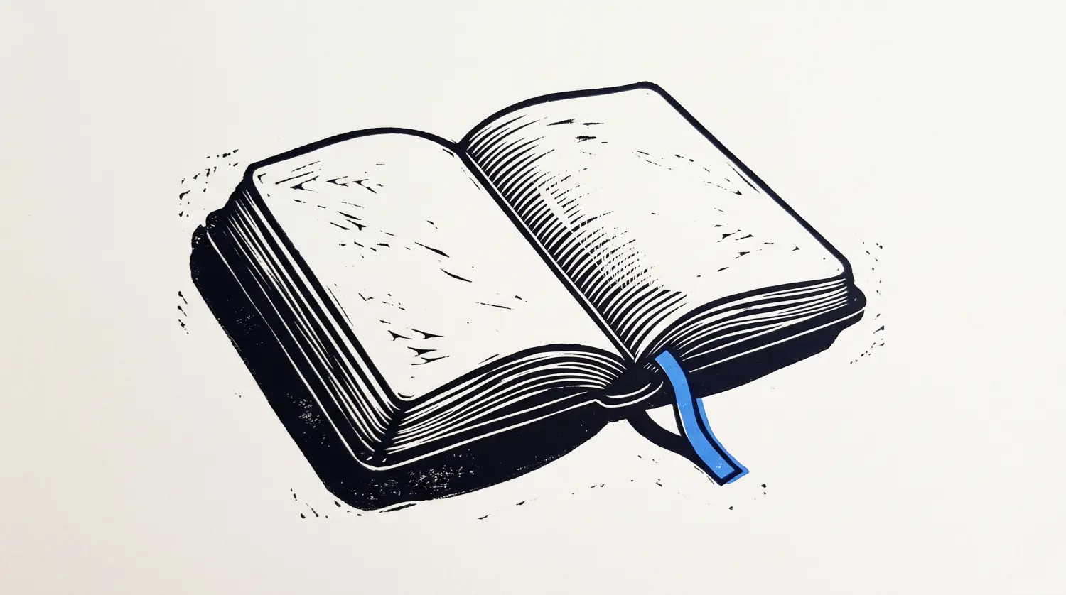 AI prompt to track your accomplishments at work shown as a linocut of an open notebook with a blue ribbon bookmark.