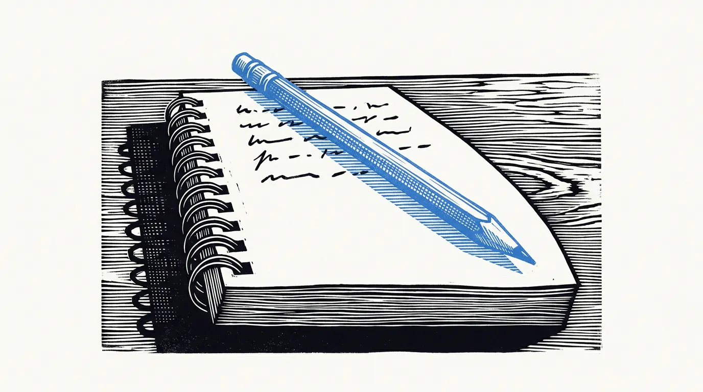 Linocut of a spiral notepad with a to-do list and a blue pencil, the bedtime list from the can't sleep prompt.