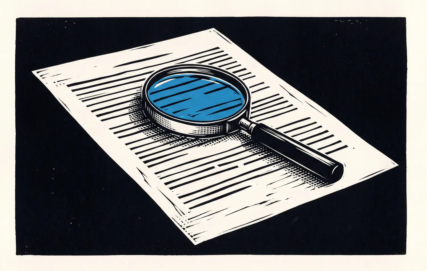 Linocut of a magnifying glass with a blue lens lying on a proposal, the way an AI prompt reviews a proposal before you send it.